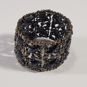 Vintage Wide Black Rhinestone Panel Bracelet Antique Gold Tone Gothic Filigree